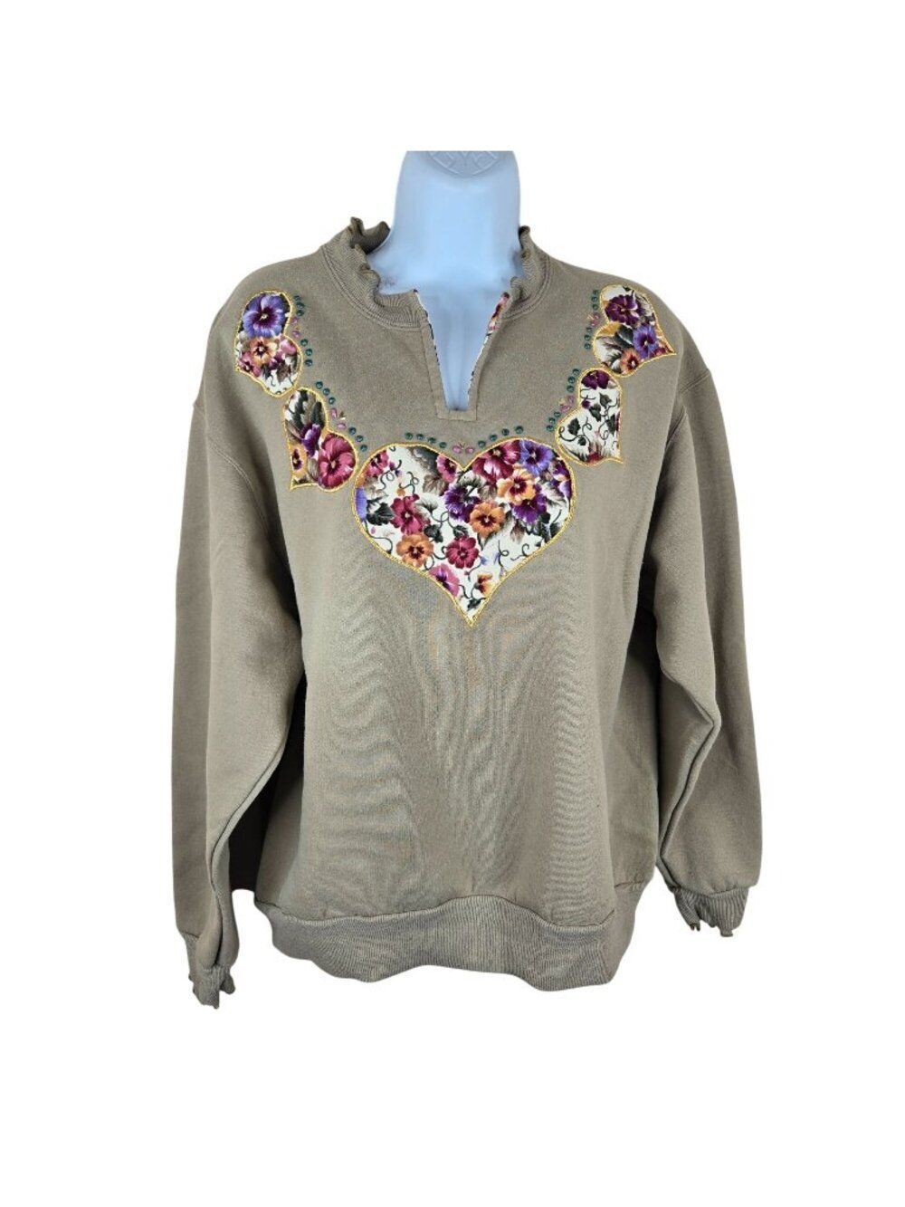 Vintage Floral Heart Embroidered Sweatshirt Ruffled Collar Womens L Tan Granny C